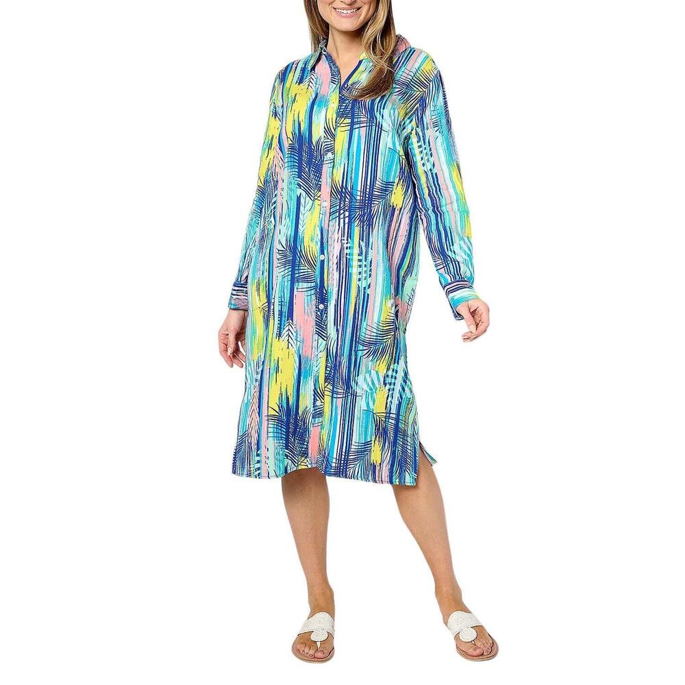 Denim & Co. Beach Gauze Button Front Cover Up BlueStripedPalm - Petite